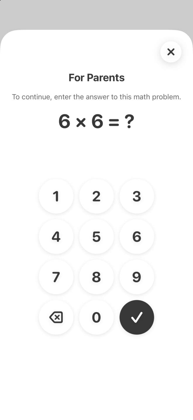 Pikaniji's parent check: “6 × 6 = ?” with a number pad