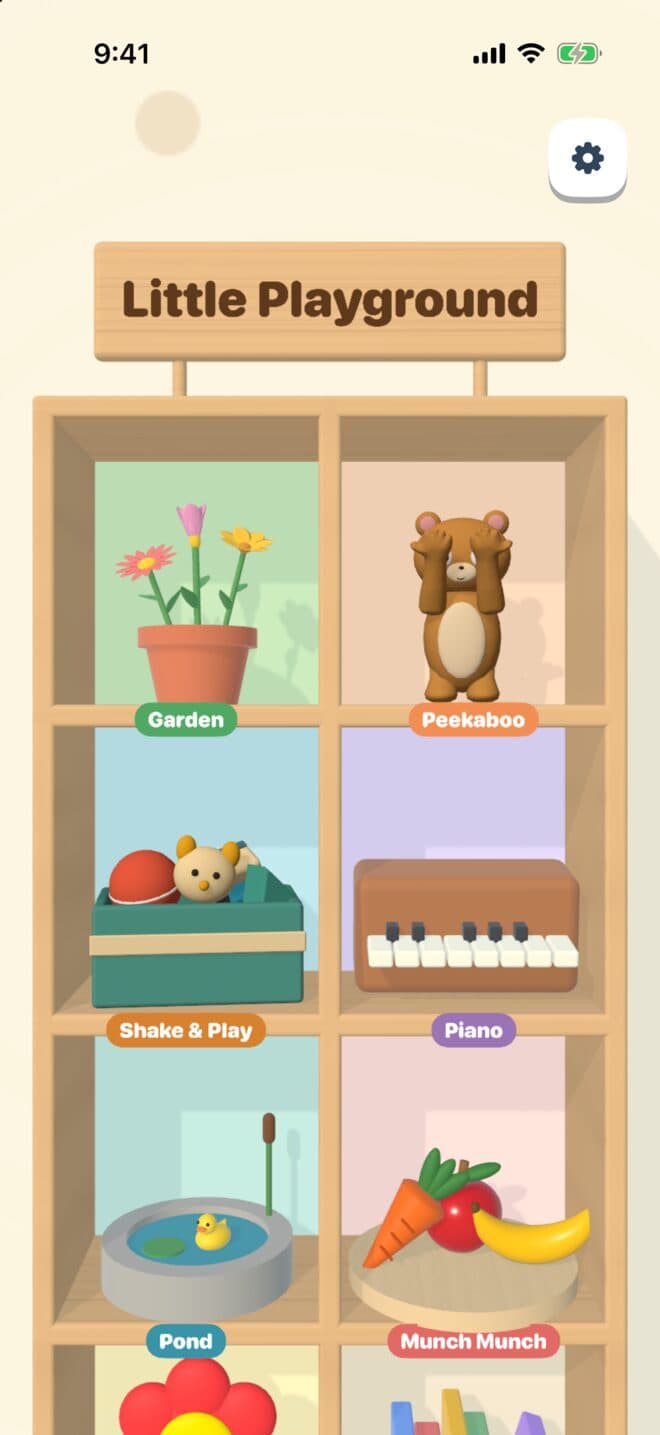 Little Playground home: games such as Garden, Peekaboo, Piano and Pond on a wooden shelf