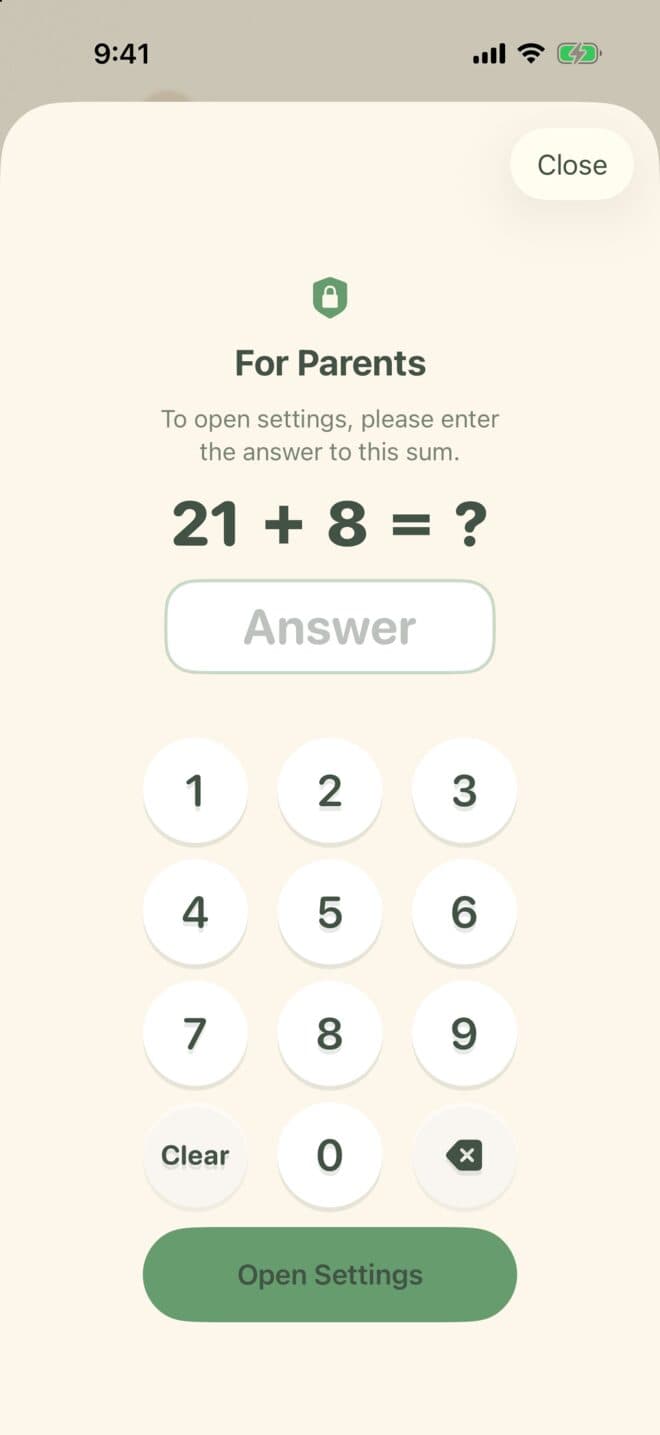 Little Playground's parent check: a sum and an “Open Settings” button