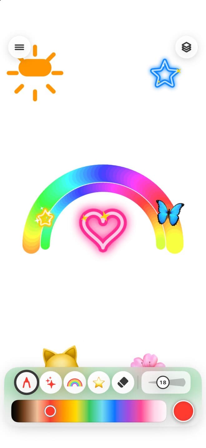 ぴかにじのお絵かき画面。にじやハート、星を光るペンで描いた絵と、下に大きなペンと色のボタン