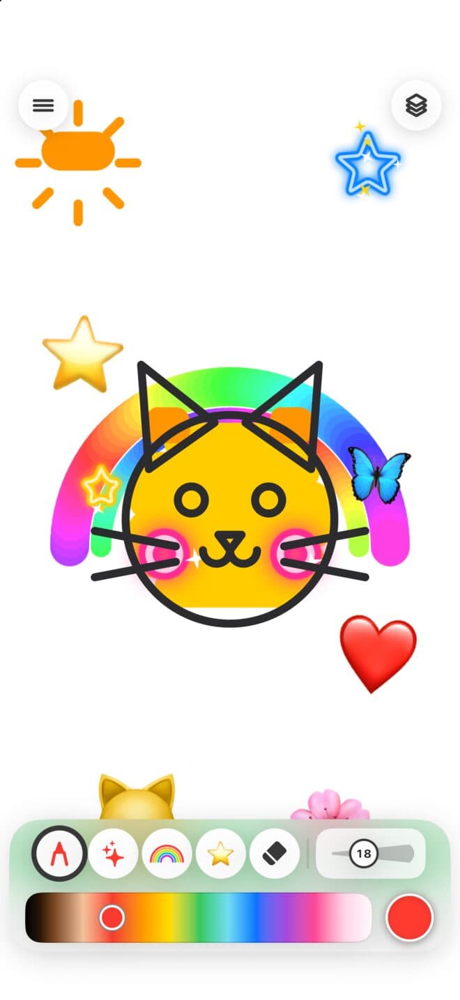 ぴかにじのぬりえ画面。ねこのぬりえを塗っても、線が色の上に残っている
