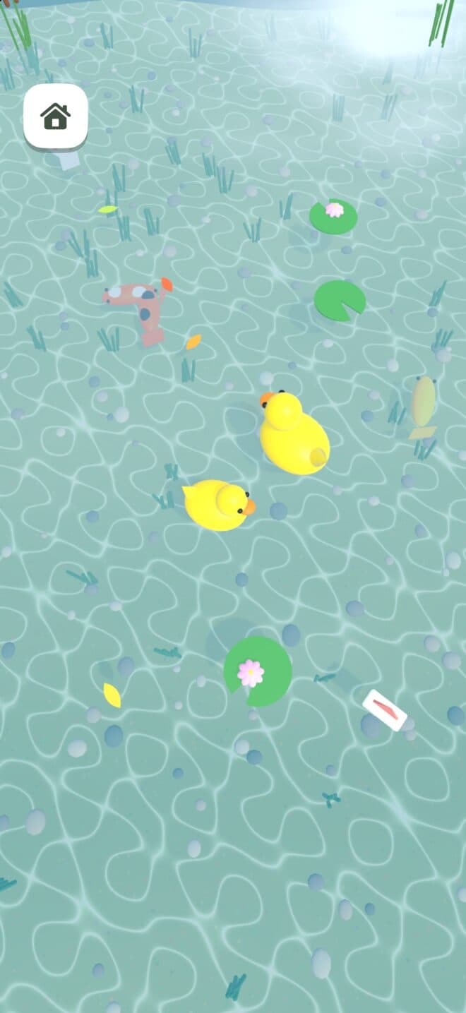 池の水あそびの画面。さわると波紋が広がり、ひよこや魚が浮かぶ