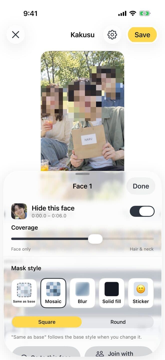 Face 1 settings: a Coverage slider and Mosaic, Blur, Solid fill and Sticker options