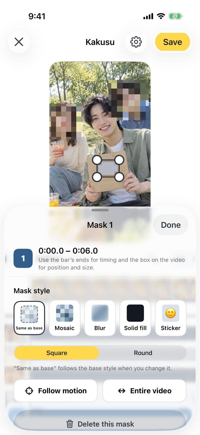 Mask 1 settings with a rectangle over the name tag in the video