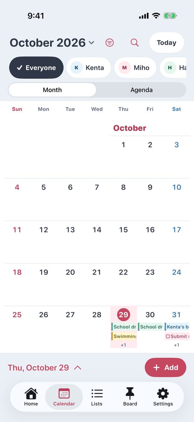 The calendar for October, with a filter for Everyone and each family member at the top