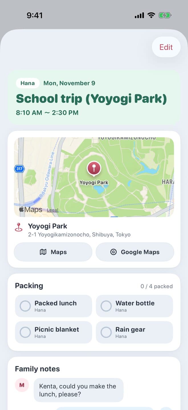 A school trip to Yoyogi Park: below the map, a packing list of lunch, water bottle, picnic blanket and rain gear