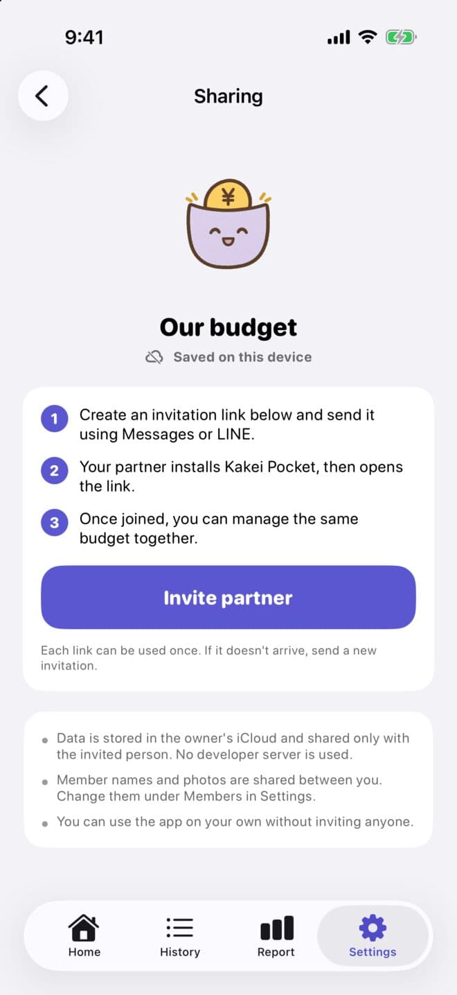 The Sharing screen: three steps for inviting, with an “Invite partner” button below