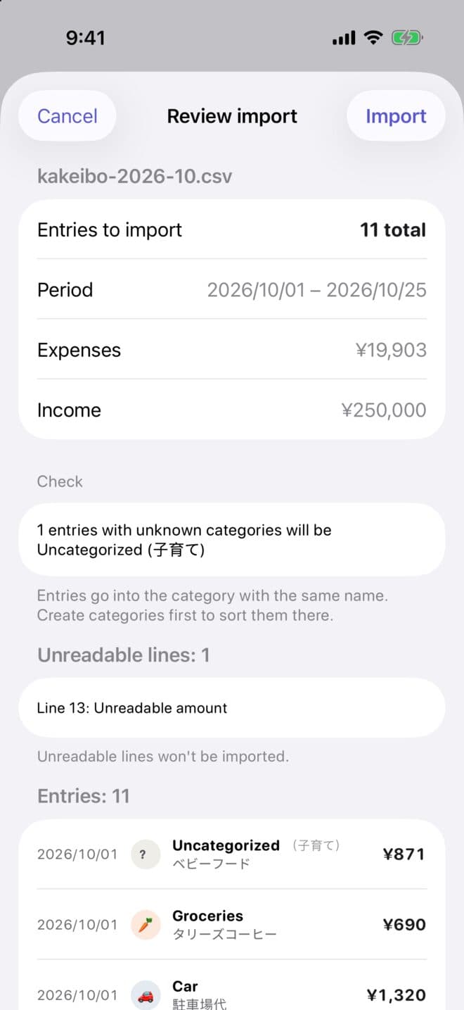 The CSV import review: 11 entries to import, the date range, and the expense and income totals
